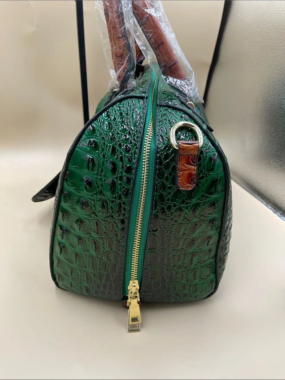 Green Croc-Embossed Satchel with Brown Trim and Top Handles